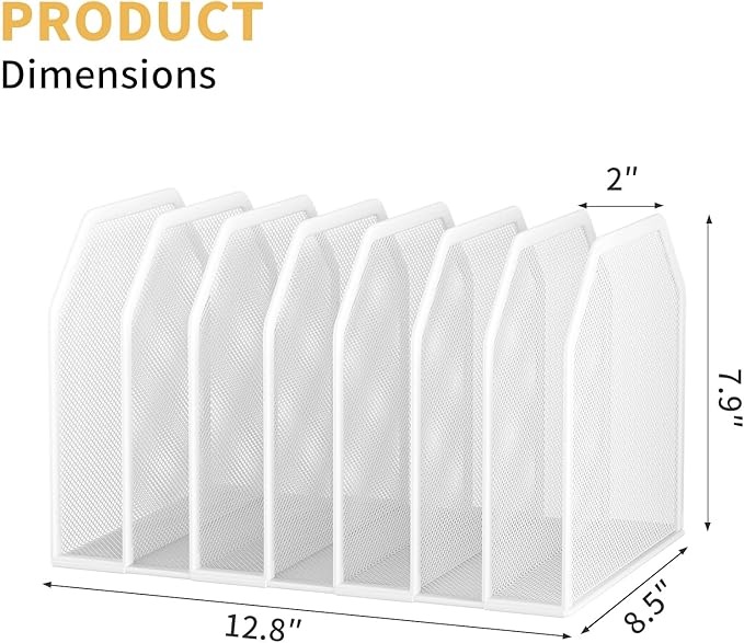 Metal 7 Section File Folder Organizer for Desk | Vertical Office File Holder | Heavy-Duty Mesh Document Sorter for Books, Binders, Laptops | Desk Organizer,7 Sections White