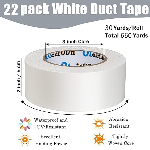 22 Pack White Duct Tape Bulk - 660 Yards x 2 Inch Heavy Duty Tape, Strong No Residue All-Weather, Tear by Hand, Multi-Use for Indoor & Outdoor Repairs, Industrial, Professional Use