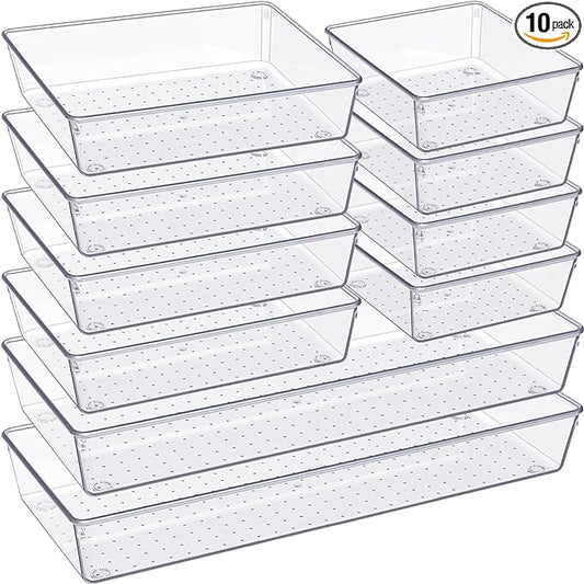 Criusia Drawer Organizer, 10 Pack Large Clear Plast Set, 3 Size Versatile Bathroom and Vanity Organizer Trays, Storage Bins for Makeup, Bedroom, Kitchen Utensils