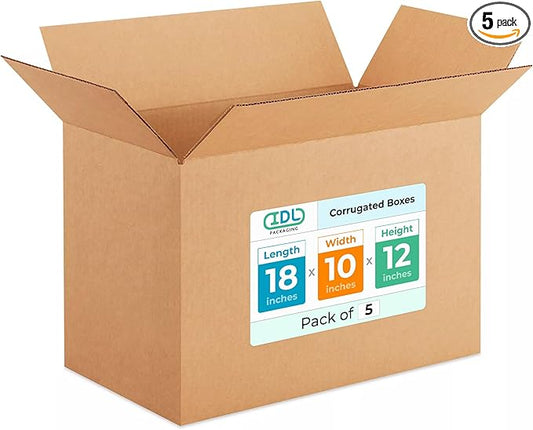 Medium Shipping & Moving Boxes 18 x 10 x 12 inches (5-Pack) - Extra Strength 200 lb vs Regular - Corrugated Medium Moving Boxes - Box for Moving for USPS, UPS, FedEx - Packing Box by IDL Packaging