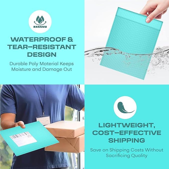 Teal Small Poly Bubble Mailers 6x10 inch #0 | Self Seal Padded Envelopes | Cushioned Bubble Mailer | Usable Size 6x9 | WaterProof | Lightweight mailing Shipping Bags | 250 Pack Bulk