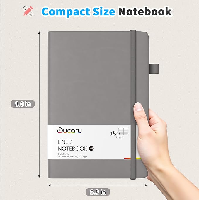 Oucaru Lined Journal Notebook, 8 Pack, 180 Pages, A5 Journals for Writing, 100 GSM Thick Paper, Small Notebooks Daily Journal for Women Men Work, Business, School, Travel Supplies
