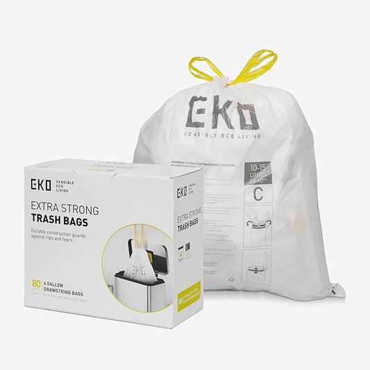EKO 4 Gallon / 10-15 Liter, 80 Count Small Drawstring Trash Bags, Extra-Strong Unscented Garbage Bags, Easy-Dispense Roll for Kitchen & Household Use, Resists Tears, Leaks and Punctures, Code C, White