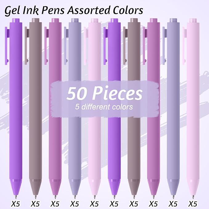 Crtiin 50 Pcs Gel Ink Pens Bulk, Black Ink 0.5mm Fine Point Retractable Pen Smooth Writing Office School Supplies for Teacher Server Operation Christmas Charity Donation Thanksgiving (Purple Series)
