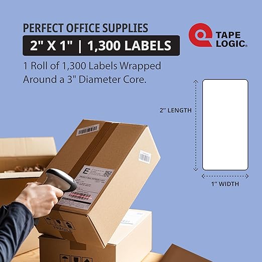 Tape Logic Direct Thermal Shipping Labels - 2x1 Label Roll (1,300 Labels) | Perforated, Commercial Grade, for Thermal Printer - Perfect for Shipping & Mailing