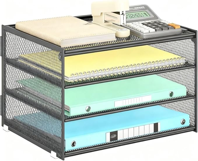 Lavatino 3-Tier Letter Tray Desk Organizer – Grey Mesh Metal Paper File Tray Organizer for Desk, Office Supplies & Home Organization | Fits A4/Letter Paper, Mail, Magazines and Office Accessories