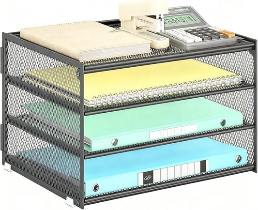 Lavatino 3-Tier Letter Tray Desk Organizer – Grey Mesh Metal Paper File Tray Organizer for Desk, Office Supplies & Home Organization | Fits A4/Letter Paper, Mail, Magazines and Office Accessories
