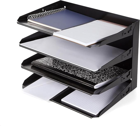 Huron Desktop Horizontal 4-Slot File Binder Organizer Storage Letter Tray, Black Commercial Grade Steel