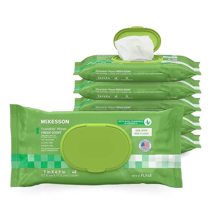 McKesson Flushable* Adult Wet Wipes – 288 Wipes (6 Pack of 48) – Aloe & Vitamin E, Plant-Based Cleansing Wipes, Scented