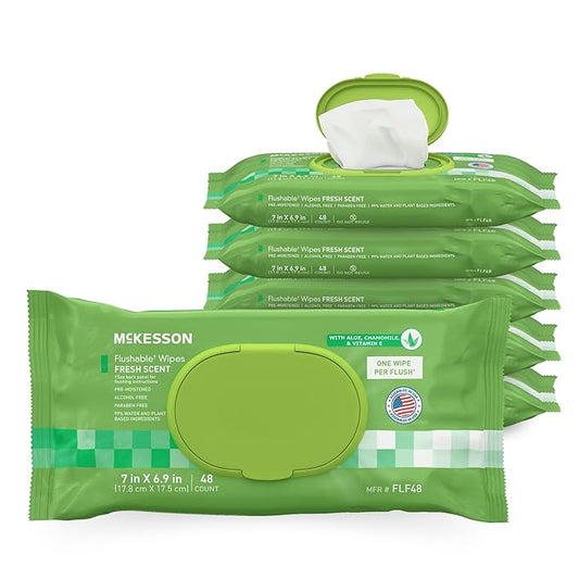 McKesson Flushable* Adult Wet Wipes – 288 Wipes (6 Pack of 48) – Aloe & Vitamin E, Plant-Based Cleansing Wipes, Scented