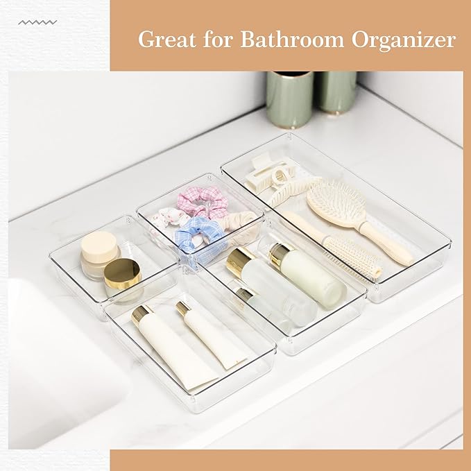 Criusia Drawer Organizer, 12 Pack Clear Plastic Kitchen Drawer Organizers Set,4-Size Versatile Bathroom and Vanity Organizer Trays,Storage Bins for Makeup, Bathroom, Jewelries and Office