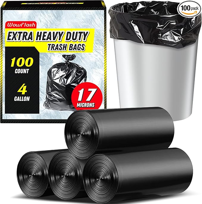 100 Count 17 Micron Extra Heavy Duty 4 Gallon Trash Bags, Sturdy & Tear-Resistant Small Trash Bags for Bathroom & Kitchen