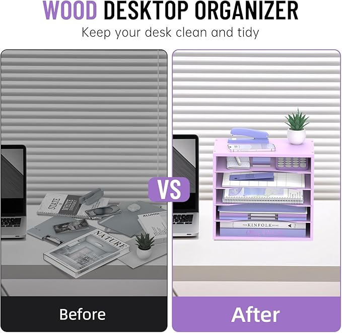 5-Tier Wood Desk Organizer, Paper Tray Organizer for Desk with Adjustable Storage Shelves, Desktop File Organization Paper Sorter Mail Holder for Office Home Classroom, Purple