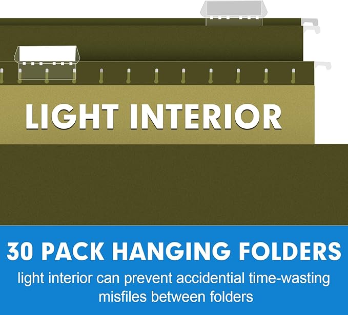 Hanging File Folders, RAZCC 30 Pack Reinforced Hanging Folders Letter Size, Designed for Bulky Files, Filing Cabinet, Adjustable Tabs, Green