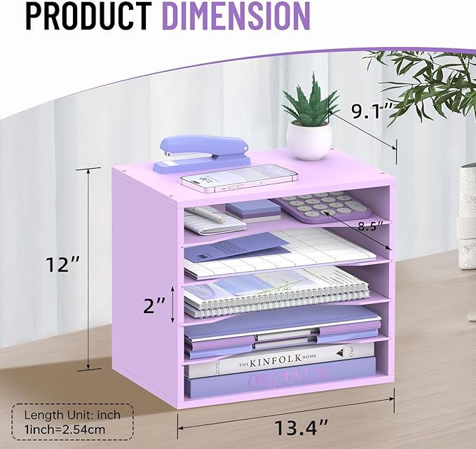 5-Tier Wood Desk Organizer, Paper Tray Organizer for Desk with Adjustable Storage Shelves, Desktop File Organization Paper Sorter Mail Holder for Office Home Classroom, Purple