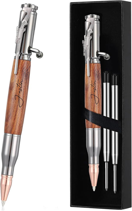 Personalized Bolt Action Pen, Free Engraved Wood Metal Ballpoint Pen with 2 Refills, Customized Pen with Name, Custom Gift for Birthday, Father's Day, Christmas