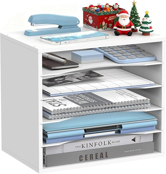 5-Tier Wood Desk Organizer, Paper Tray Organizer for Desk with Adjustable Storage Shelves, Desktop File Organization Paper Sorter Mail Holder for Office Home Classroom, White