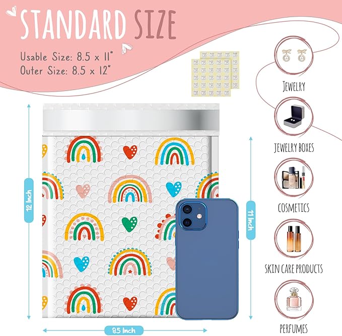 Metronic Bubble Mailers 8.5x12" 40pc Usable Size 8.5x11,Waterproof Mailing Padded Envelopes for Small Business,Cushioning Bubble Wrap Mailer Bags,Shipping Envelopes for Gift,Small Items Rainbow