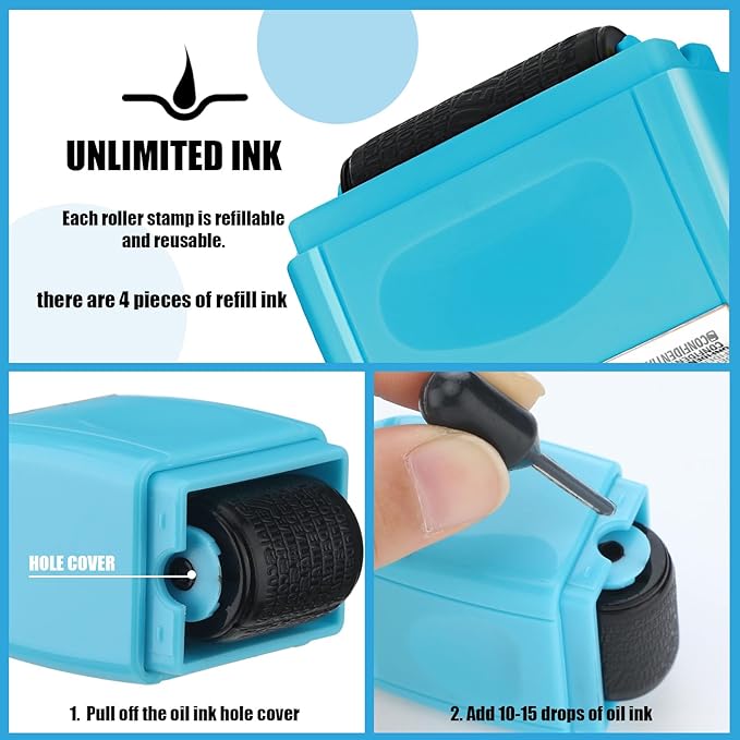 Nezyo 2 Pack Identity Protection Roller Stamp Identity Theft, Confidential, Privacy Roller Stamp Information Blocker and 4 Pack Refill Ink for ID Account Data Address Security(Blue)