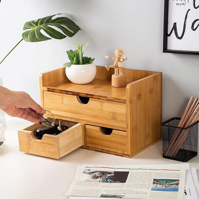Rustic Distressed white 3-Tier Bamboo Desk Organizer with 3 Drawers Mini Storage Shelf For Desk, Toiletries Vanity Office Supplies (bamboo)