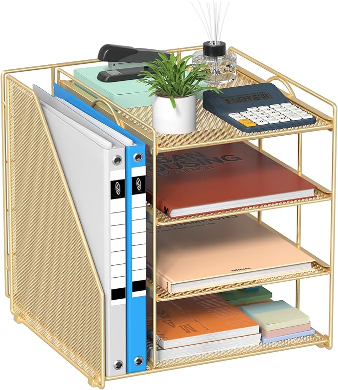 Gold Desk Organizer, 4-Tier Metal Paper Organizer for Desk with Vertical File Holder, Office Accessories and Desktop Storage for Office Supplies (Gold)