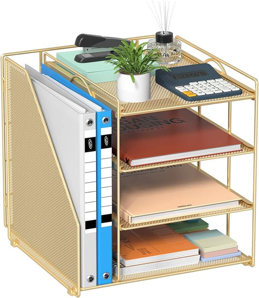 Gold Desk Organizer, 4-Tier Metal Paper Organizer for Desk with Vertical File Holder, Office Accessories and Desktop Storage for Office Supplies (Gold)