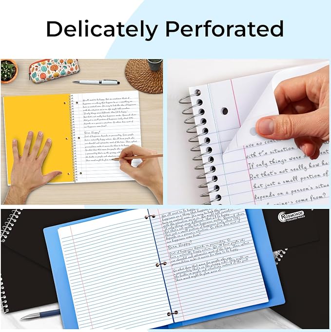 Rosmonde 1 Subject Spiral Notebook, 12 Pack, College Ruled, Water Resistant Cover, Thick 140 Pages/Book (70 Sheets), 8 x 10-1/2, 3 Hole, Bulk School & Office, Black Cover