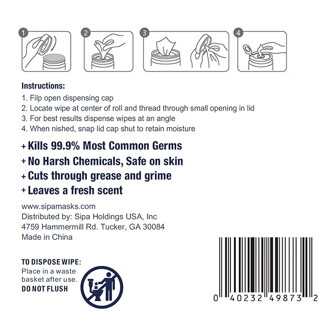 SIPA Hand Sanitizing Wipes 100 WIPES/CANISTER, Soft Textured Wipes, Fresh Scented, (24 CANISTERS)