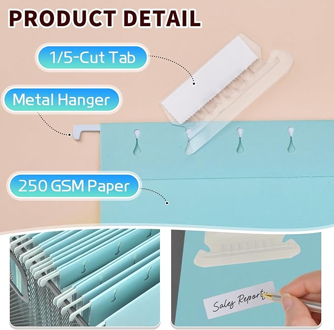 25-Pack Hanging File Folders, Letter Size, Includes 35 Transparent Label Cards & 50 Sticker Labels,1/5-Cut Tabs for Home & Office Organization(Light Blue)