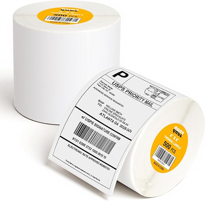 Qncz 1000 Pcs 4x6 Thermal Labels - 2 Rolls (500 Pcs per Roll) Mailing Sticker Labels,Compatible with Rollo & Zebra,Commercial-Grade Thermal Paper