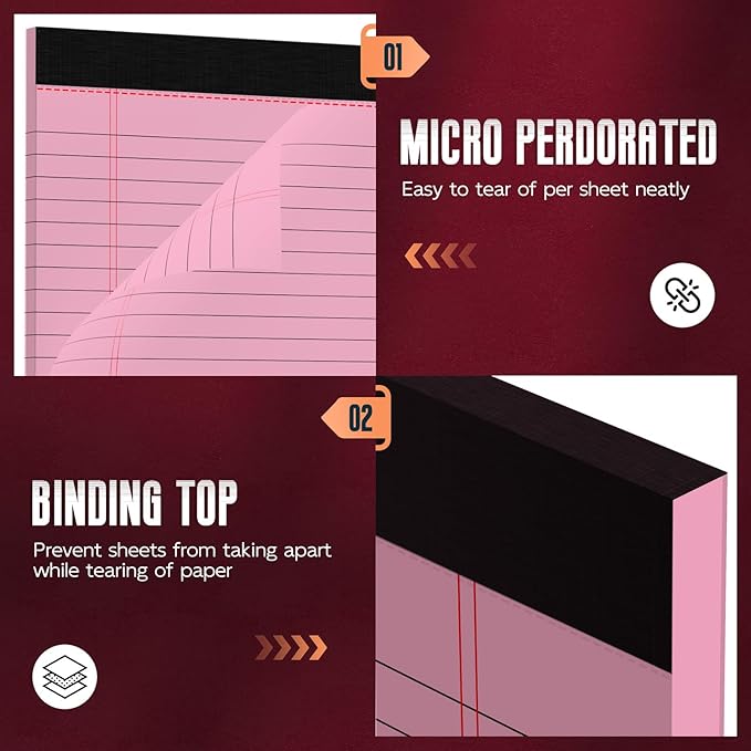 Pink Legal Pads 8.5 x 11 Wide Ruled Notepads, 3 Pack Note Pads 8.5 x 11 Lined Paper Pink Writing Pads 30 Sheets per Notepad Double-Side Printed Colored Legal Pads 8.5 x 11 for Home, Office, School