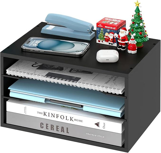 Wood Desk Organizer, 3 Tier Paper Tray Organizer for Desk with Adjustable Storage Shelves, Desktop File Organization Paper Sorter Mail Holder for Office Home Classroom, Black