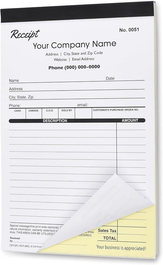 Custom Duplicate Receipt Books with Your Company Name. 2 Books (100 Sets) Numbered.