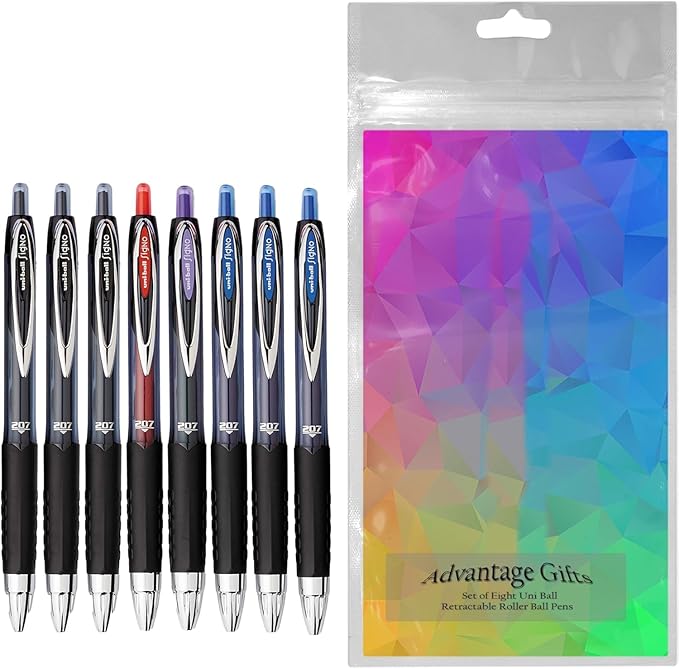 Signo 207 Roller Ball Retractable Gel Pens, Medium Point (0.7mm), Black Blue Red And Purple Ink, 8 Count, Bundle with Plastic Reusable Pouch