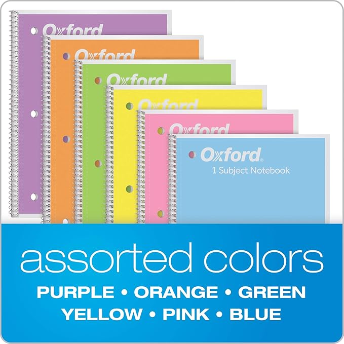 Oxford Spiral Notebook, 1 Subject, College Ruled Paper, 8 x 10-1/2 Inch, Pastel Pink, Orange, Yellow, Green, Blue and Purple, 70 Sheets (63756) Set of 6 (Pack of 8)