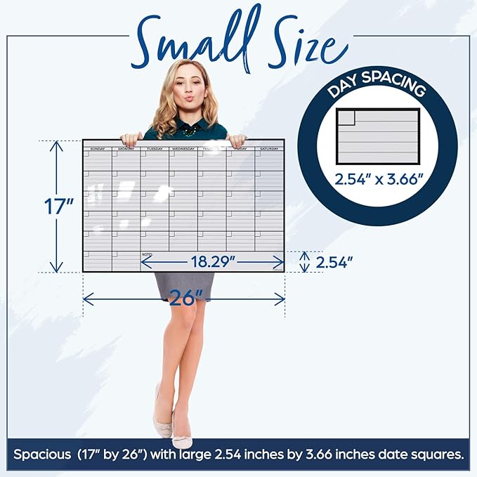 Small Dry Erase Calendar for Wall, 17x26, Small Wall Calendar Dry Erase, White Board for Office, Home & School, Erasable Whiteboard, Monthly Undated Reusable White Board Planner