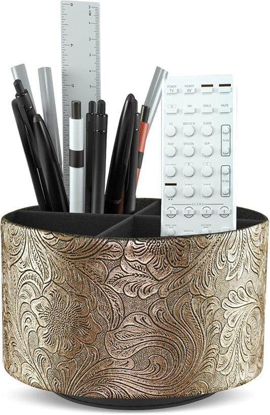 lizimandu Round Leather Art Supply Organizer,Remote Control Holder,360 Degree Spinning,Multi-Functional Pencil Holder,4 Compartments Desktop Stationary Organizer(1-Gold)