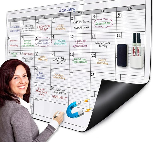 Magnetic-Receptive Dry Erase Monthly Extra Large White Board Calendar for Wall 38x50, Big Whiteboard Calendar with Iron Sheet Backing-Works with Magnetic Markers Eraser, Giant Blank Poster with Square