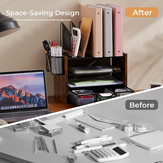 4-Tier Desk Organizer with Drawer, Wooden Mesh File Organizer with 5 Vertical Sorters & 2 Pen Holders, Multi-Functional Desktop Organizer for Home, Office & School