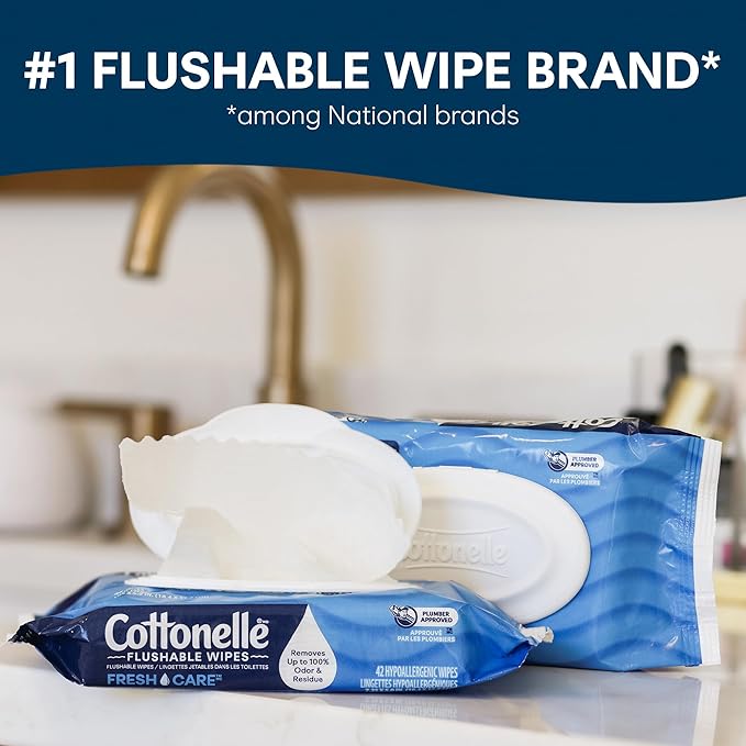 Cottonelle Fresh Feel Flushable Wet Wipes, Adult Wet Wipes, 8 Flip-Top Packs, 42 Wipes Per Pack (336 Total Wipes), Packaging May Vary