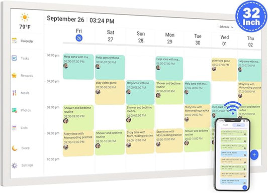Smart Digital Calendar & Chore Chart for Family Schedules – 32 Inch Smart Touchscreen Interactive Display, Dual-WiFi, Auto-Sync Google iCloud Outlook Calendars, Selectable Reminders, Wall Mountable