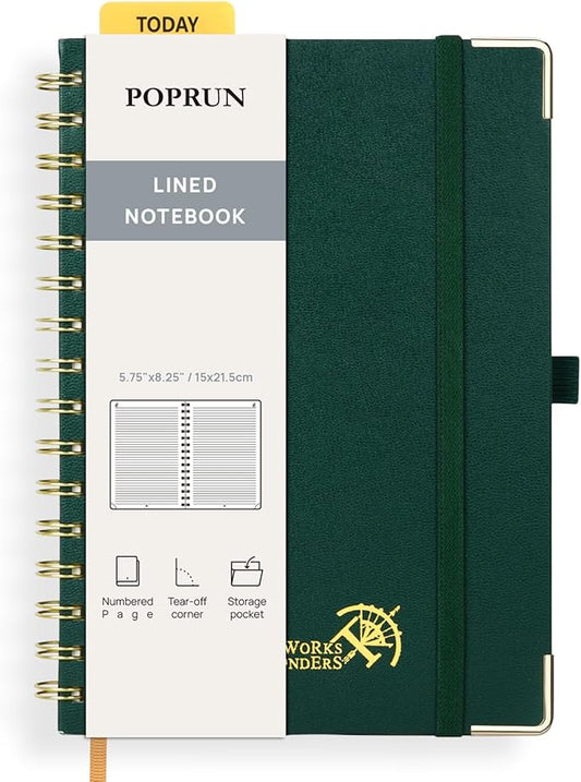 POPRUN Lined Spiral Journal Notebook, [A5-5.75'' x 8.25''] - 120 GSM Thick Paper, 144 Numbered Pages, College Ruled Notebook for Men & Women with Pocket, Index Tabs, 8 Perforated Sheets, Dark Green
