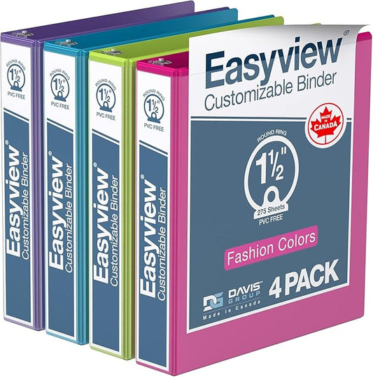 Easyview Premium 1.5-Inch Binders with Clear-View Covers, 3-Ring Binders for School, Office, or Home, Colored Binder Notebooks, Pack of 4, Round Ring, Fashion Colors