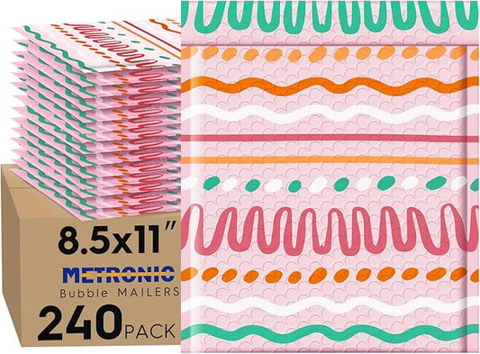 Metronic Bubble Mailers 8.5x12" 240pc Usable Size 8.5x11,Waterproof Mailing Padded Envelopes for Small Business,Cushioning Bubble Wrap Mailer Bags,Shipping Envelopes for Gift,Small Items Color Ribbon