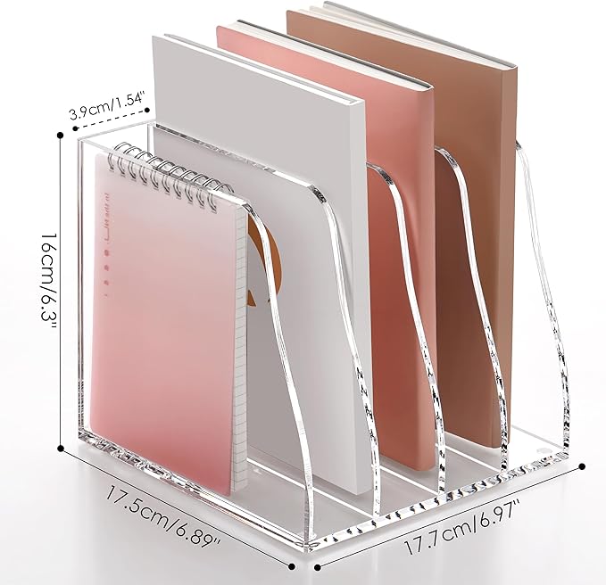 SANRUI Acrylic File Organizer, Compact Desk Organizer for Folders, Binders, Notebooks, Envelopes, Vertical Binder Storage Organizer, 4 Section Bookshelf for School Home Office Organization