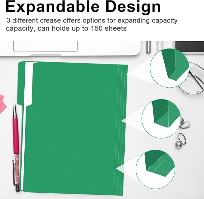 File Folder, RAZCC 100 Pack 1/3 Cut Tab File Folders Letter Size, Creen, Colored Folders with Tab Great for Organizing and Easy File Storage