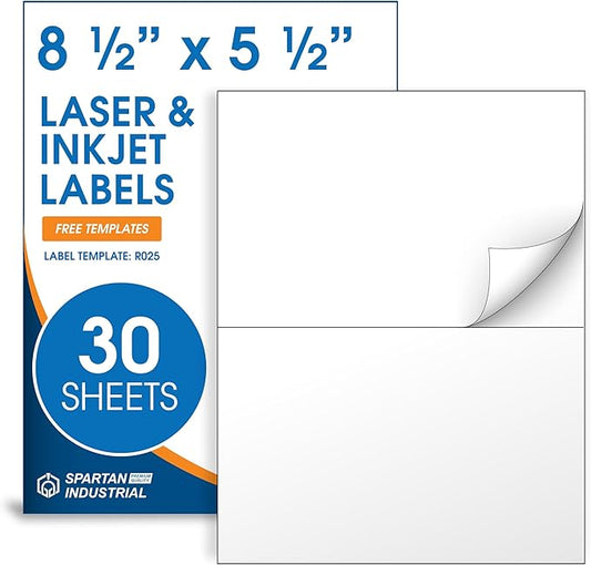 8.5" X 5.5" Printable Half-Sheet Shipping Labels for Inkjet and Laser Printers - 30 Sheets, 60 Custom Stickers for Mailing, Packages, and Address Labels - Spartan Industrial Template R025