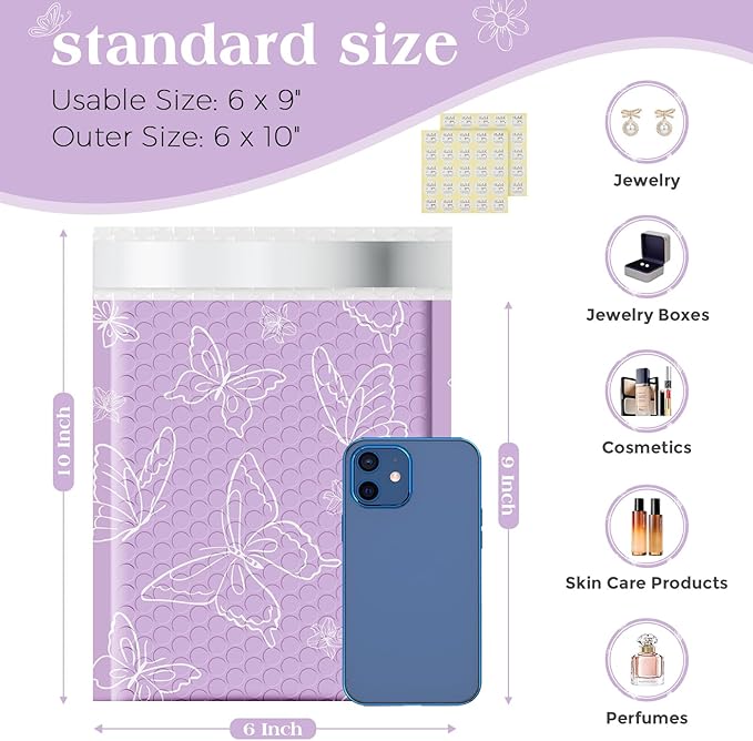 Metronic Bubble Mailers 6x10" 50 Pack Usable Size 6x9,Waterproof Mailing Padded Envelopes for Small Business,Cushioning Bubble Wrap Mailer Bags,Shipping Envelopes for Gift,Small Items Purple Butterfly