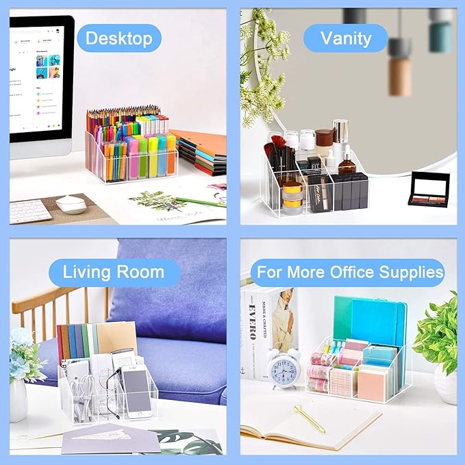 VITVITI Acrylic Pen Holder, Clear Organizer, 7 Compartment Desk Pencil Holder, Desktop Stationery Organizer for Office/School/Home/Art Supplies