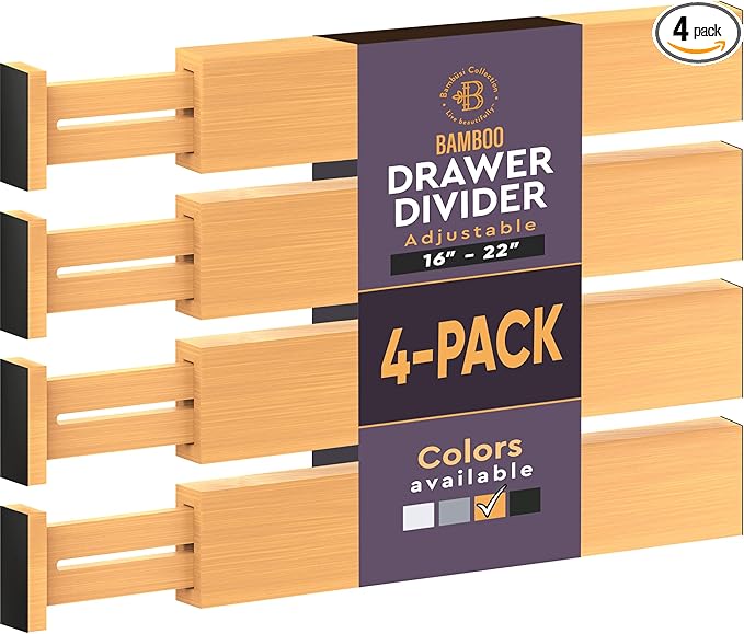 4 Pack Drawer Divider - 2.6" High, 16" to 22" Adjustable Bamboo Drawer Organizers for Clothes, Expandable Dresser Separators in Bedroom/Bathroom/Kitchen/Office Organization and Storage (Natural)
